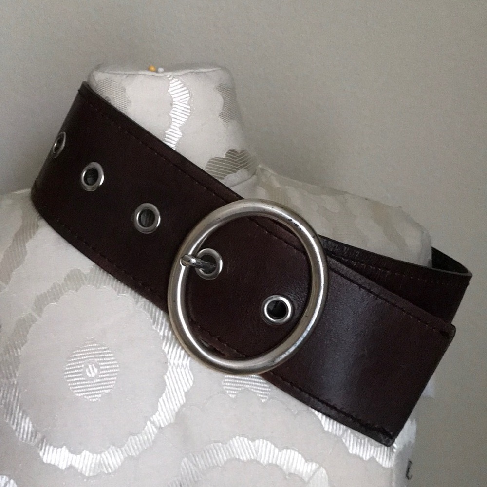 BCBG Brown Leather Belt with Round Silver Buckle M